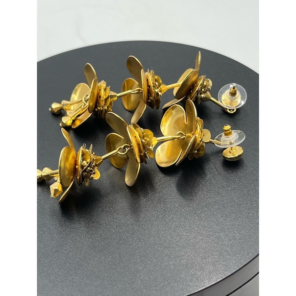 J. Crew Bead & Blossom Gold Tone Long Triple Flower Dangle Gilded Earrings - Picture 12 of 14